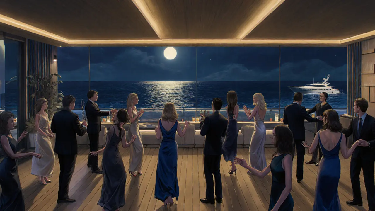 Elegant guests dancing at a beachfront nightclub with moonlight reflecting off the Mediterranean.