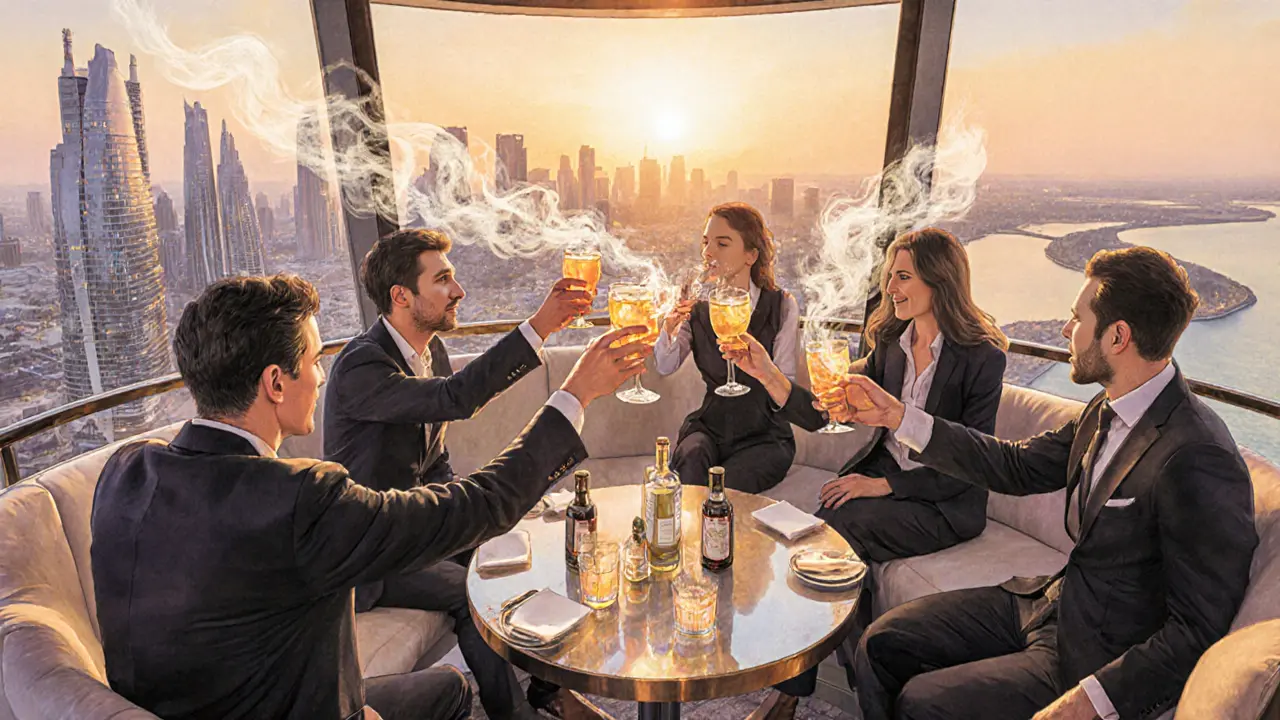 Elegant patrons at a revolving rooftop bar overlooking Abu Dhabi’s skyline at sunset, sipping cocktails.
