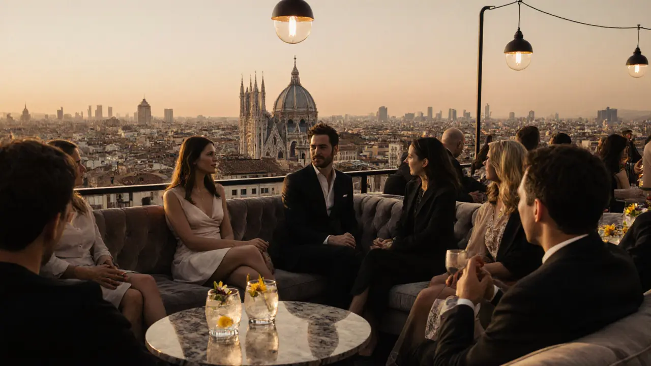 Elegant rooftop lounge with city skyline view, guests sipping cocktails on velvet couches at dusk.