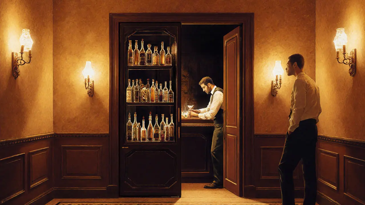 Hidden speakeasy bar behind a fridge door, dimly lit, with a bartender making a cocktail using regional ingredients.