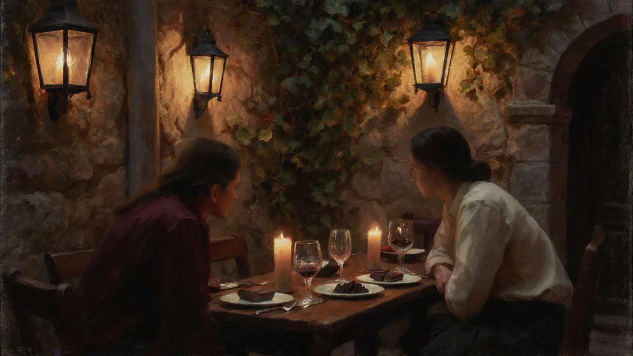 Intimate candlelit dinner in a hidden Berlin courtyard with wine and chocolate.