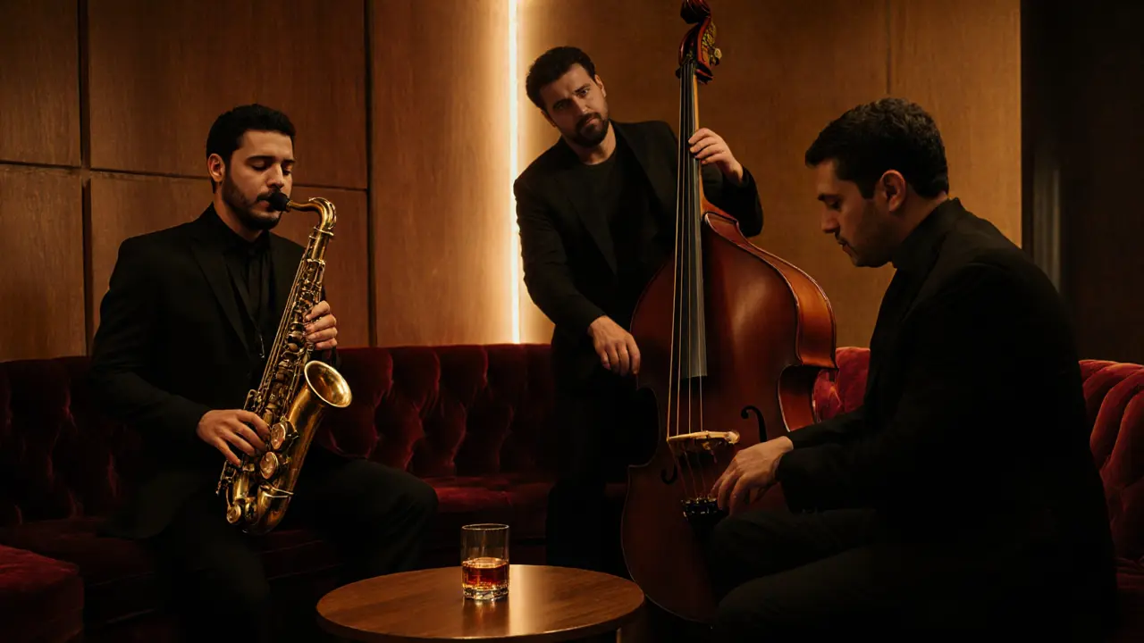 Jazz trio performing in a dimly lit, intimate lounge with velvet couches and warm lighting.