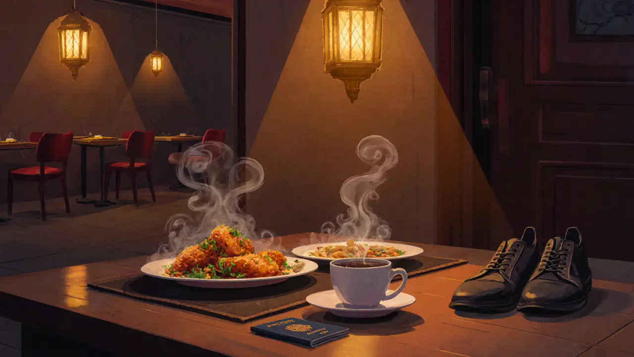 Late-night Emirati meal with steaming food and cardamom coffee under warm lantern light.