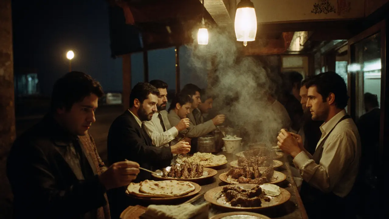 Late-night food counter with grilled kebabs and diverse customers under warm lights.