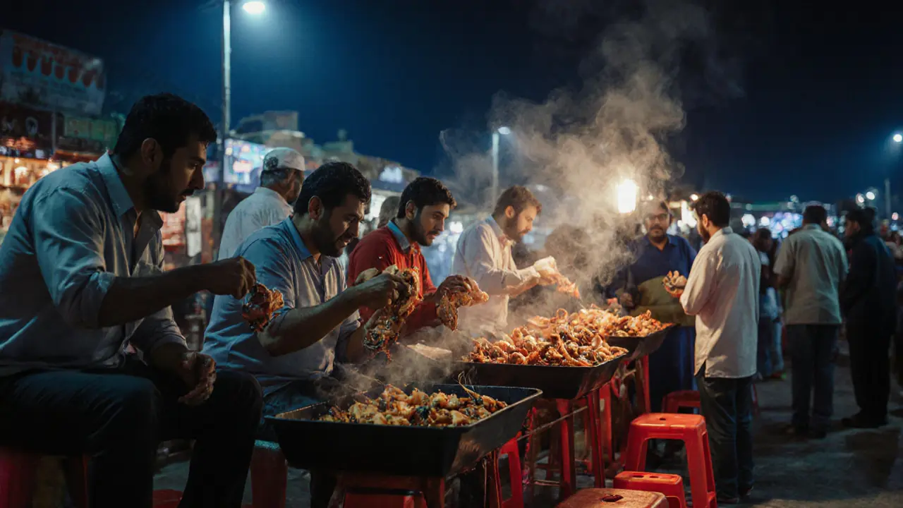 Local diners at Al Mina Fish Market eating grilled seafood under floodlights at midnight.