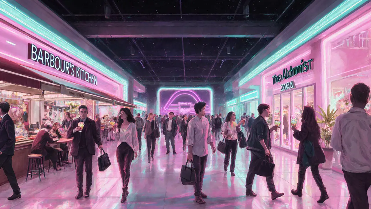 Neon-lit Westfield London walkway with shoppers holding bags, bars glowing with colorful lights, vibrant nighttime retail energy.
