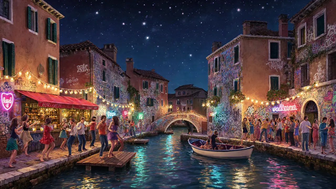 People dancing barefoot along Navigli canal at night with string lights and boats floating nearby.