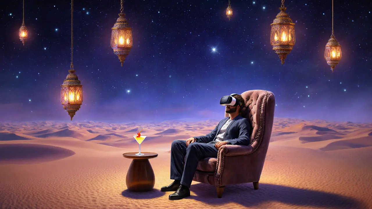 Person in VR headset experiencing a desert night party under stars, with a real cocktail on a table nearby.