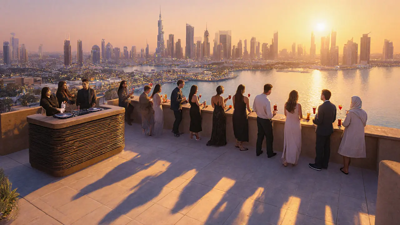 Rooftop bar at sunset with drinks, city lights, and calm atmosphere overlooking water.