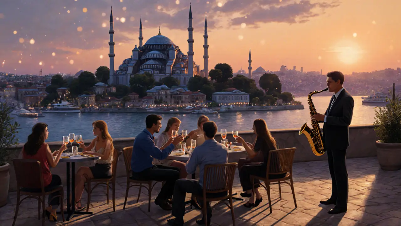 Rooftop bar overlooking Istanbul&#039;s skyline at sunset with guests drinking raki and a saxophonist playing.