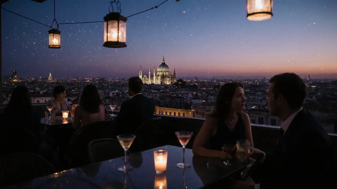 Rooftop view of Milan&#039;s skyline at dusk with the Duomo illuminated and people enjoying cocktails.