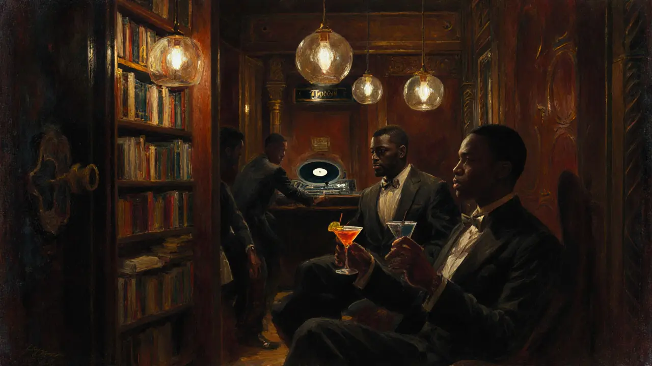 Secret salon behind a bookshelf with patrons in elegant attire, dim lighting and vinyl records.