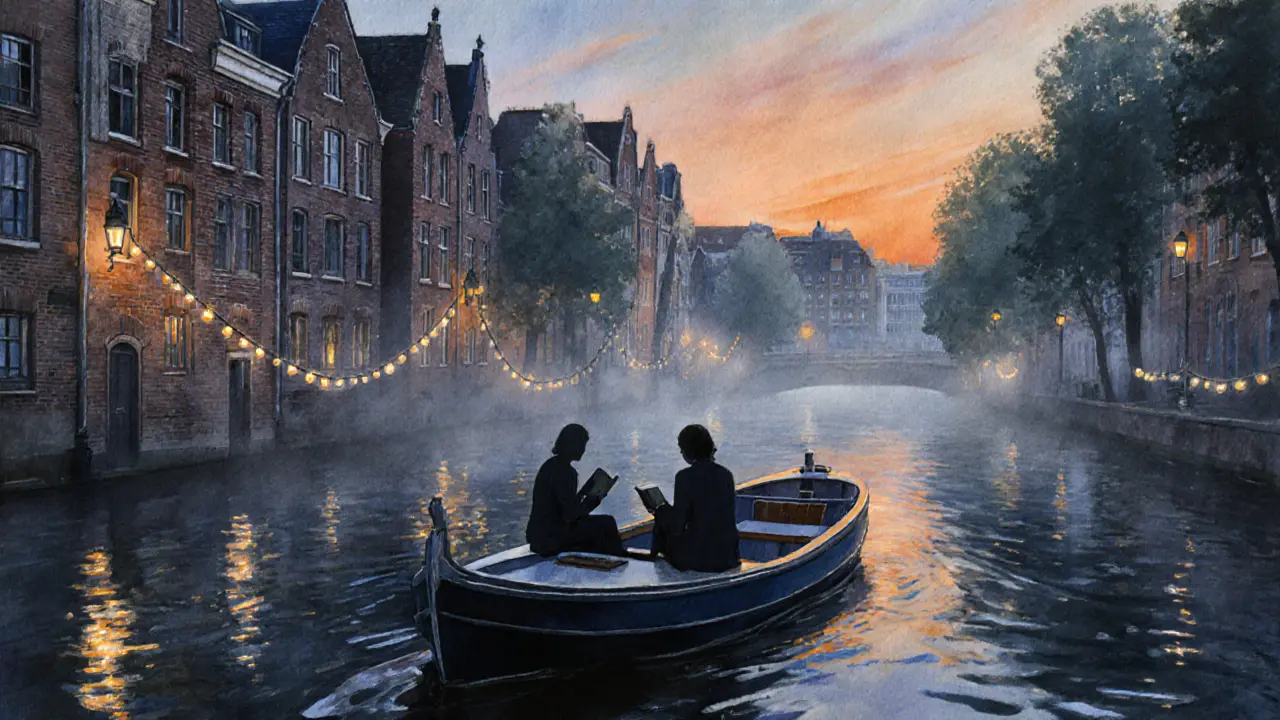 Silent canal boat ride along the Spree at twilight, figures seated quietly under string lights.