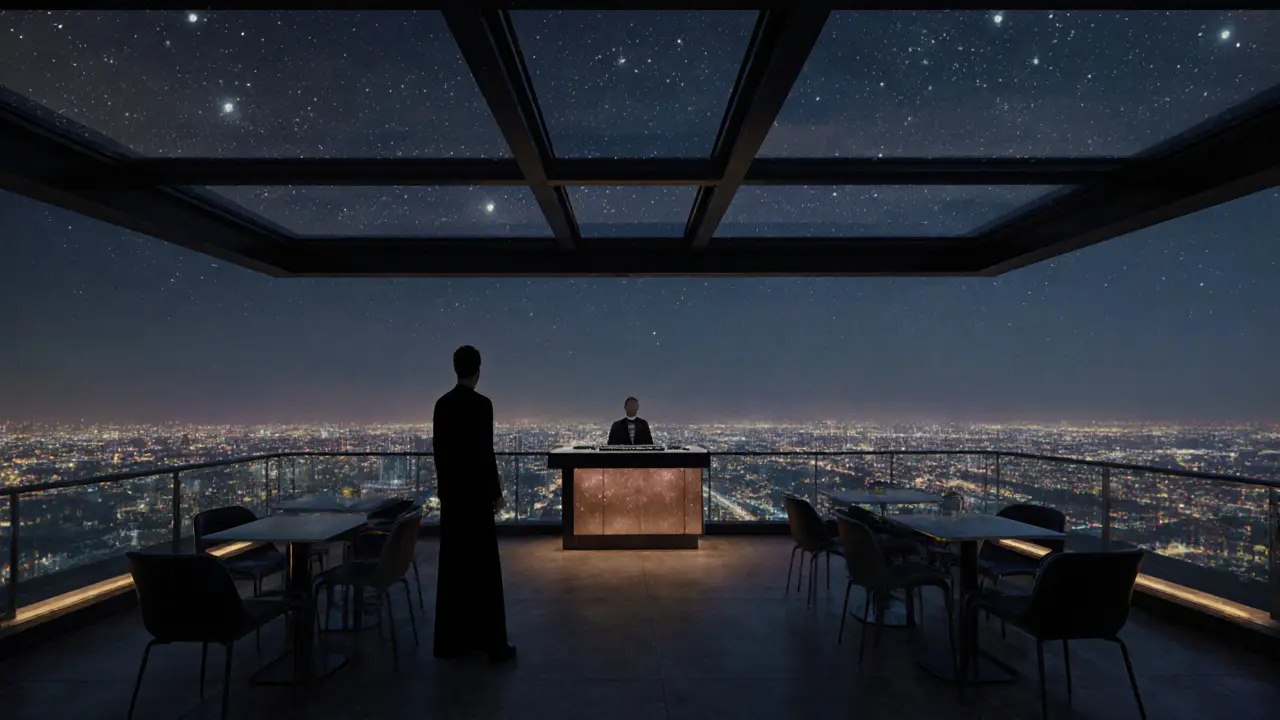 Silhouetted figure atop a luxury rooftop bar with the glowing city skyline below at night.