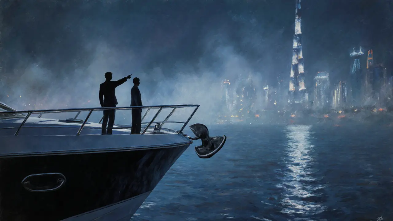 Silhouettes of two figures on a luxury yacht at midnight, overlooking Dubai&#039;s skyline.