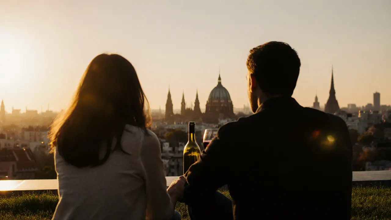 Silhouettes of two people on a rooftop terrace watching Berlin’s sunset, wine bottle between them.
