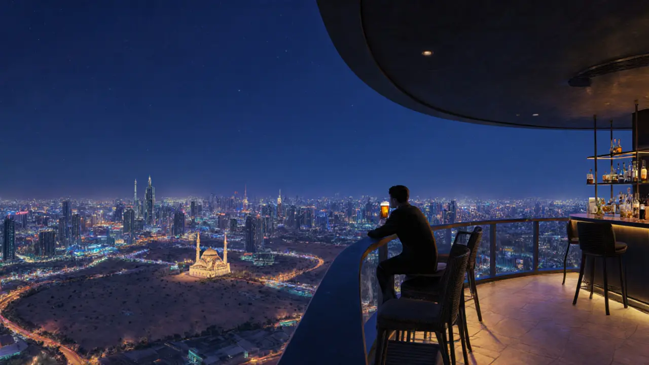 Sole figure at a rooftop bar overlooking Abu Dhabi&#039;s illuminated skyline at night.