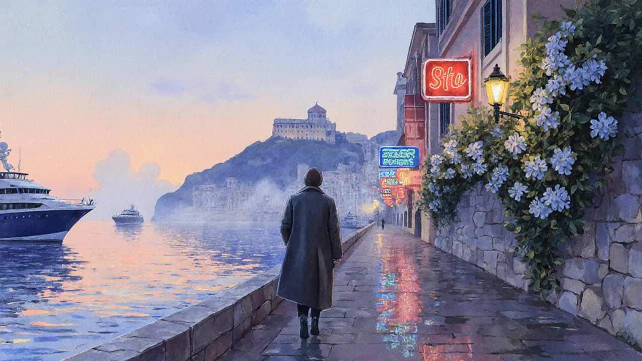 Solitary figure walking along Monaco&#039;s harbor at dawn with reflections of lights on calm water.