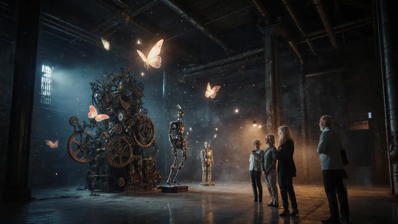 Steampunk machines glowing in a warehouse club, patrons awestruck by moving mechanical sculptures at midnight.