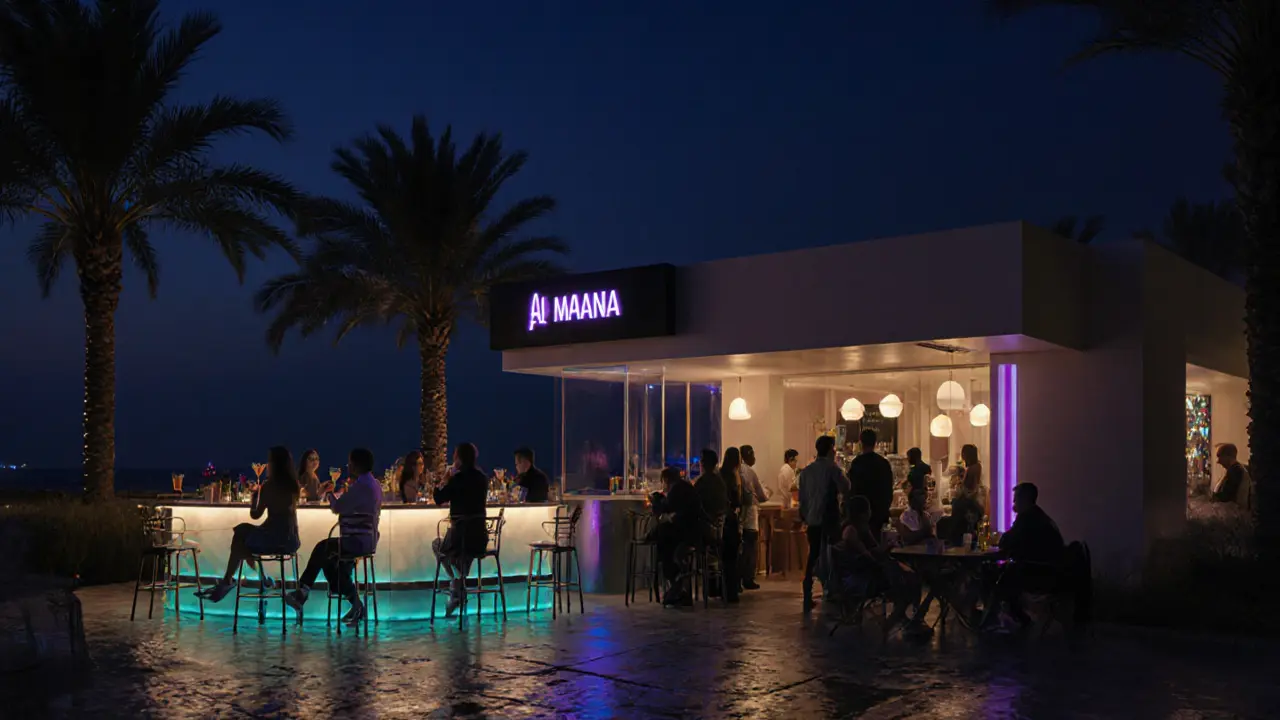 Stylish patrons relaxing at a neon-lit outdoor lounge in Al Maryah Island at night.
