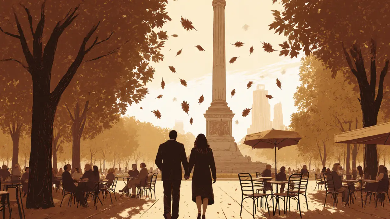 Two figures walking peacefully through Tiergarten at sunset, passing a historic monument.