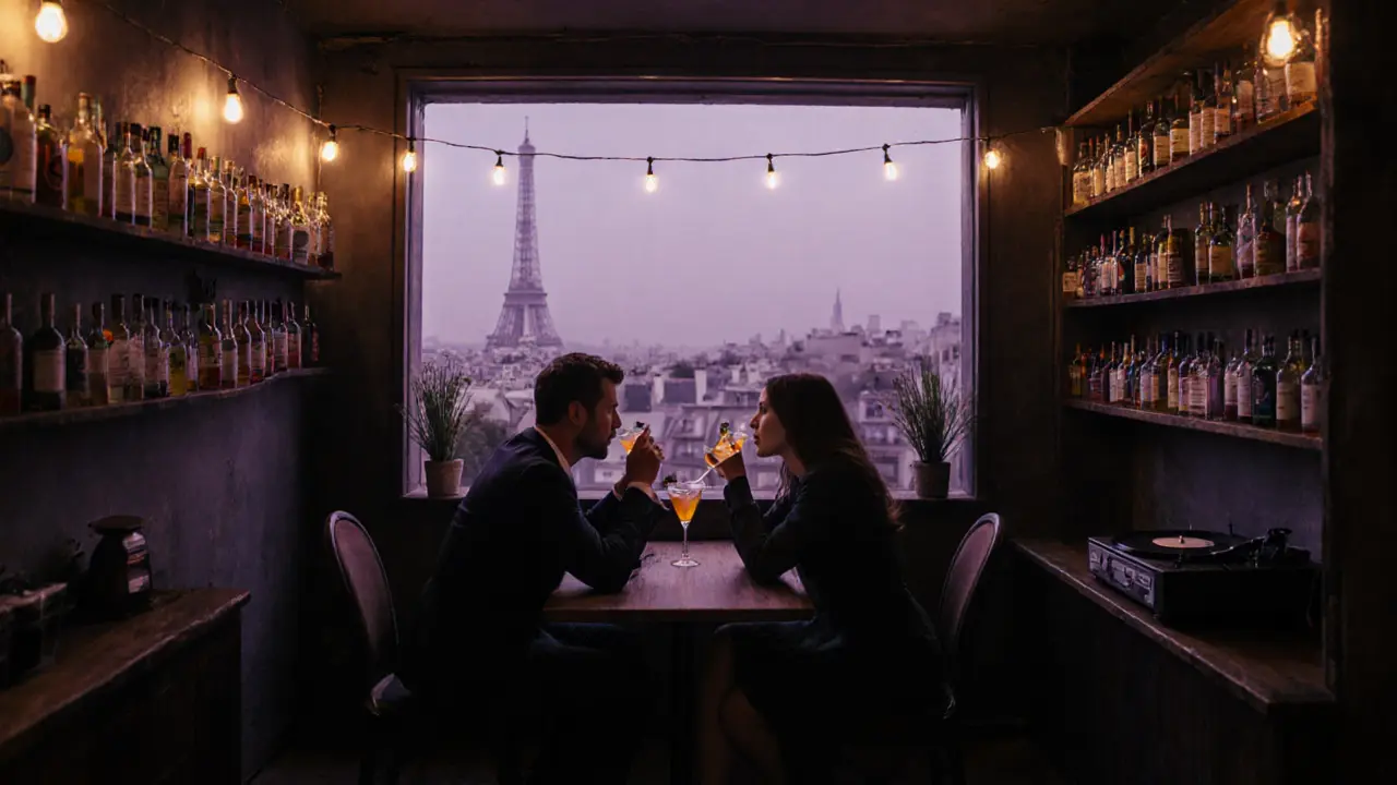 Two people enjoy cocktails on a hidden rooftop bar with the Eiffel Tower in the distance.