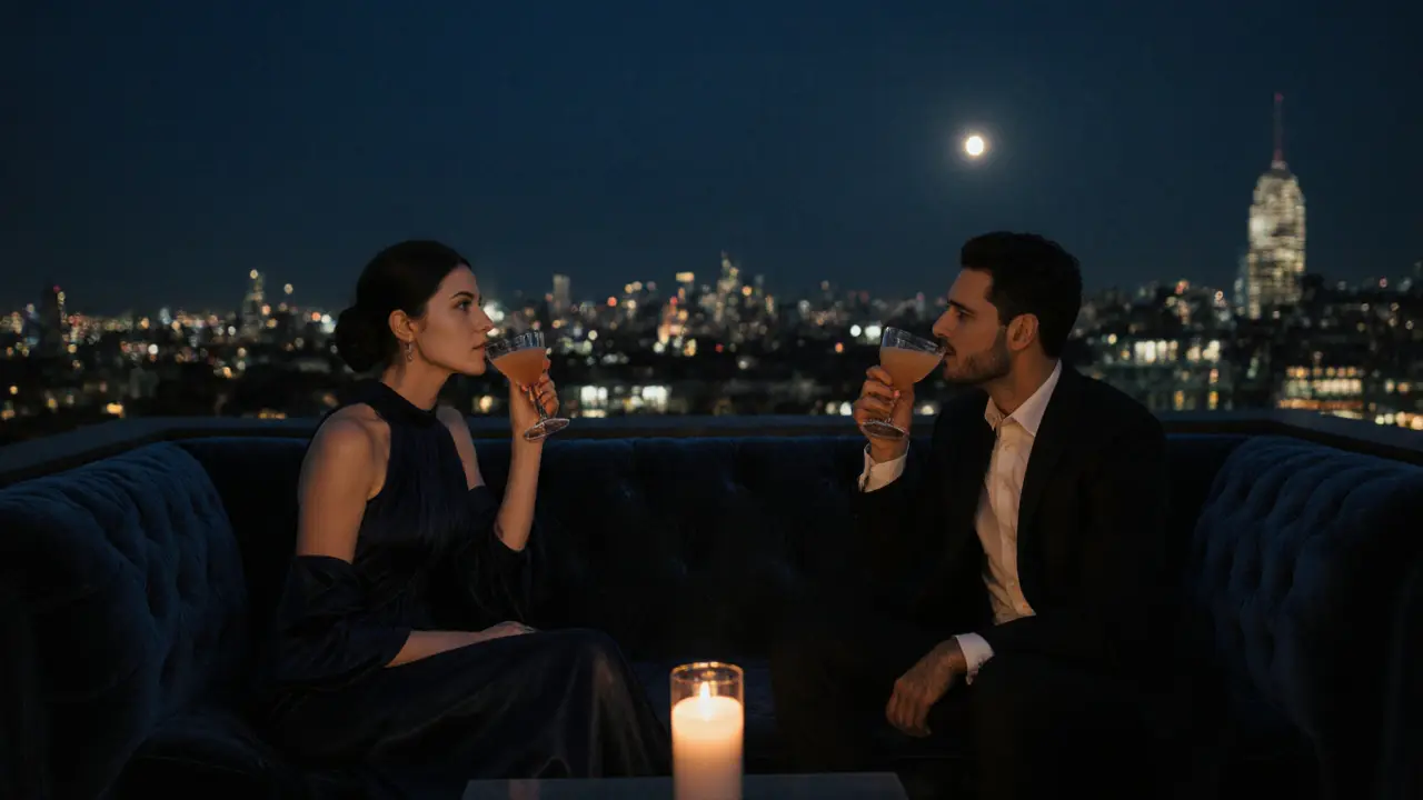 Two people on a rooftop terrace at night, sipping cocktails as London glows below, sharing a silent, intimate moment.