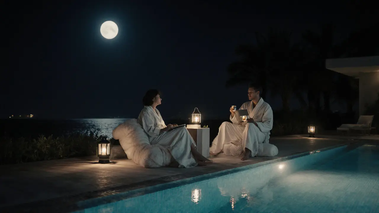 Two people quietly conversing by a villa pool at night, moonlight reflecting on water.