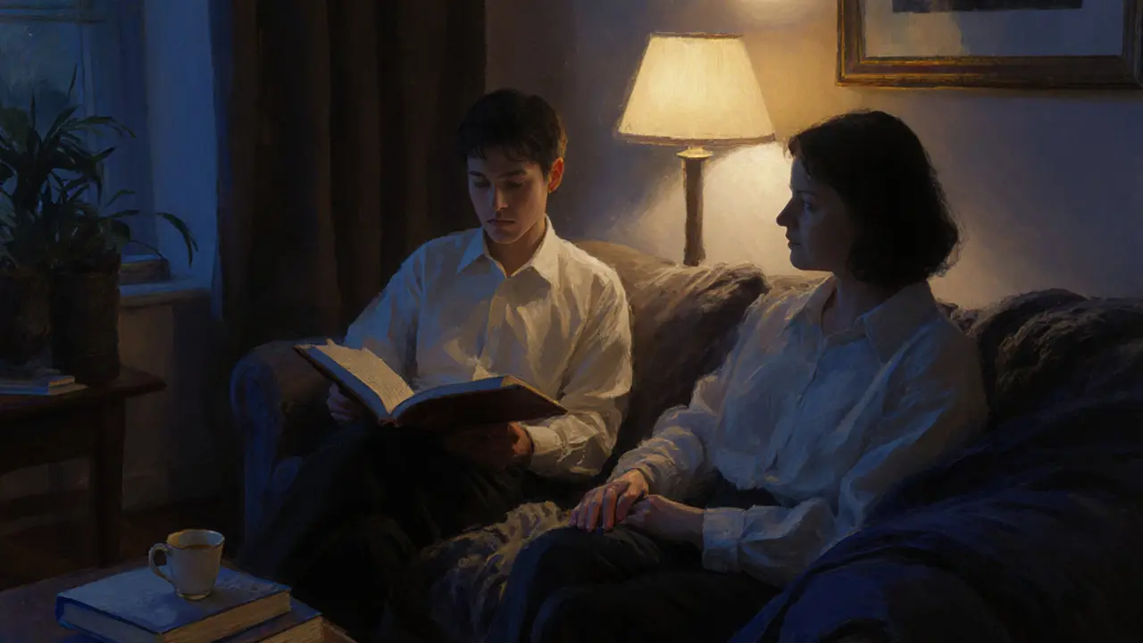 Two people sharing quiet company on a sofa, one reading aloud in a softly lit apartment.