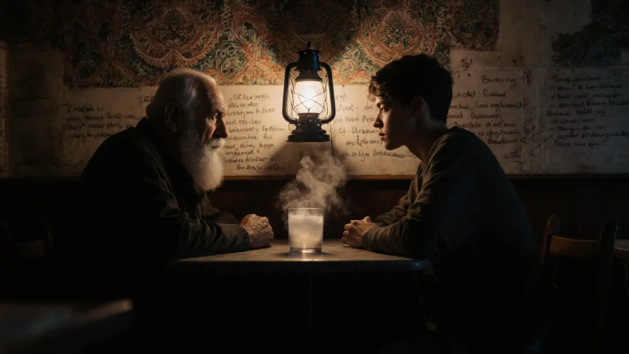 Two people sharing raki in Çiçek Pasajı, surrounded by handwritten notes and soft lantern light.