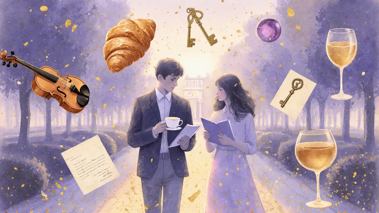 Two silhouettes stroll through Luxembourg Gardens as floating fragments of Parisian moments dissolve into light.