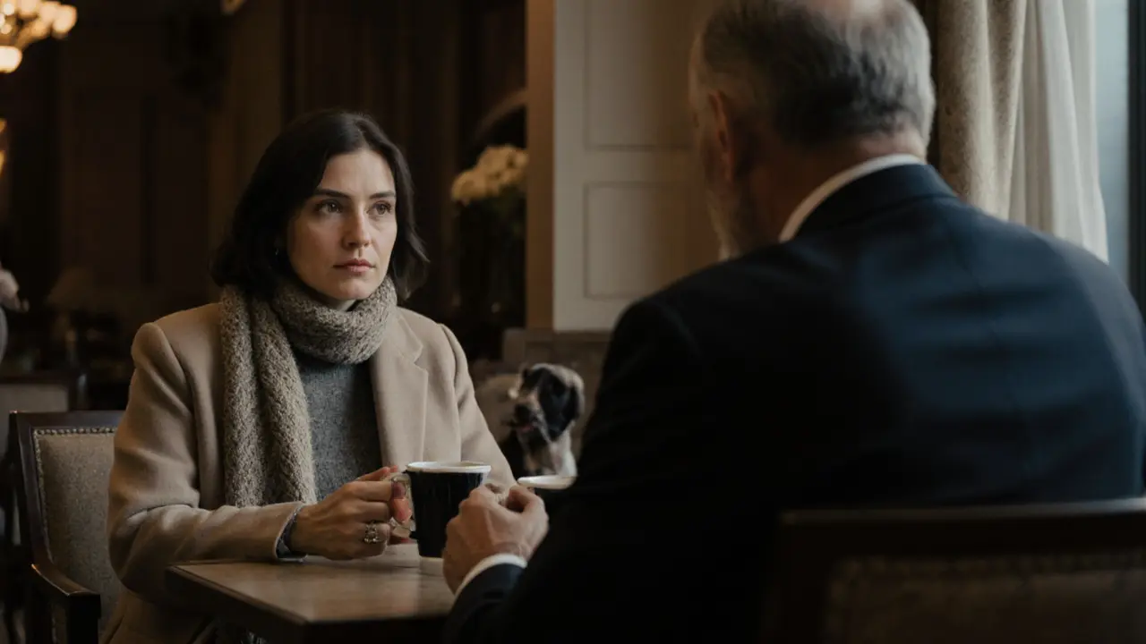 Two strangers sharing coffee in a hotel lobby, one listening quietly as the other stares at his hands.