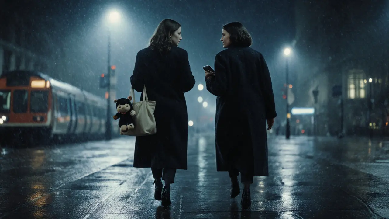 Two women in identical coats nod silently to each other on a rainy London street at night.