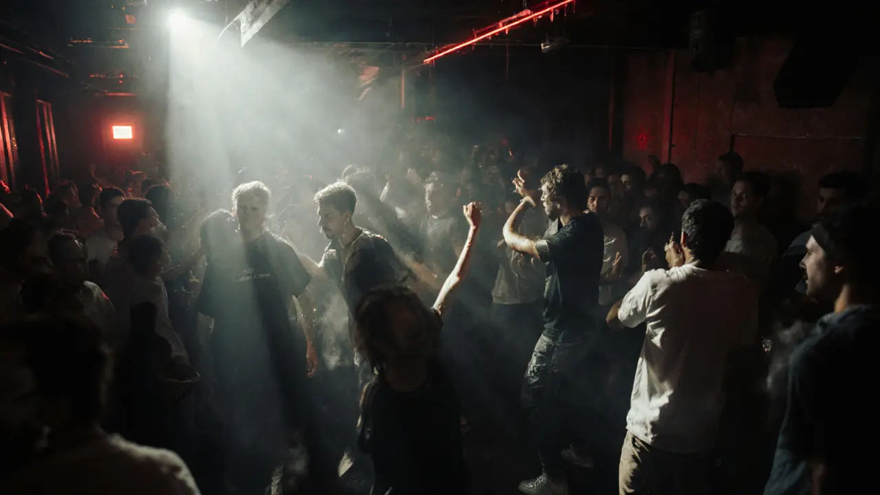 Underground techno crowd at Cielo Dubai in dark, smoky room with intense lighting.