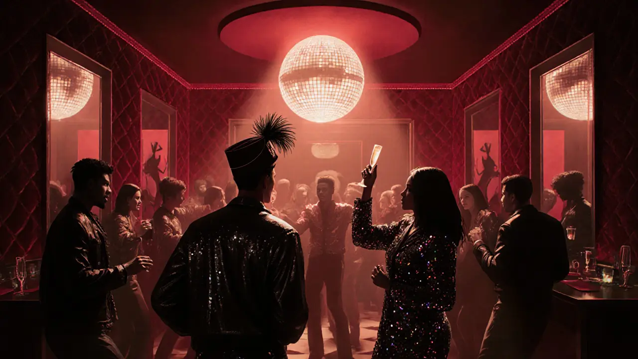 Velvet-clad nightclub with glittering crowd dancing under a disco ball, bold fashion and moody lighting.