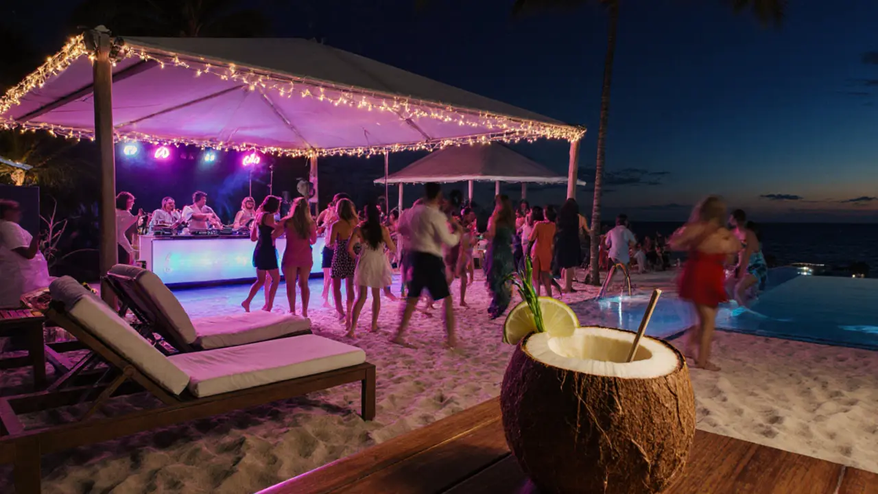 Vibrant beach club with people dancing under a canopy, poolside loungers, and ocean views under night lights.