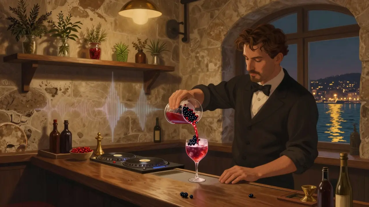A bartender crafting a Turkish herb cocktail in a stone-walled bar, Bosphorus lights glowing through the window.