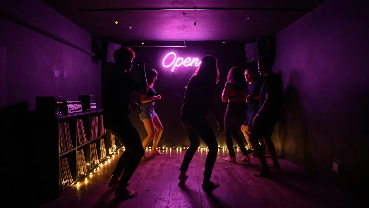 A basement club with fairy lights and silhouettes dancing on a small floor under neon signs.