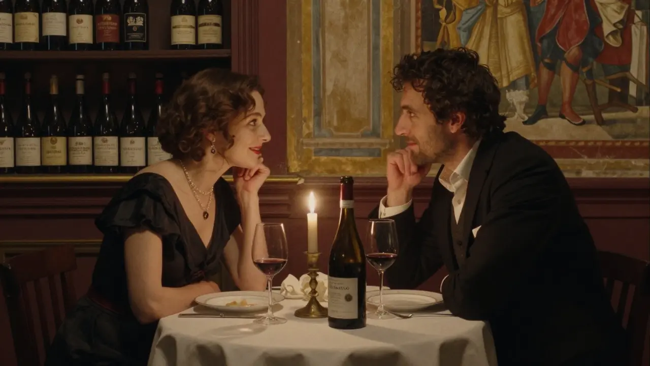 A candlelit dinner for two in an intimate Milanese osteria, with wine, fine china, and warm ambient lighting.