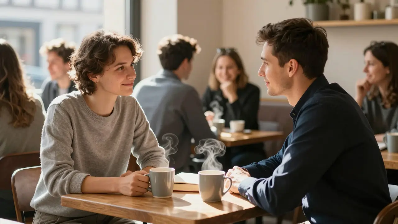 A client and escort having a thoughtful conversation over coffee in a Berlin café.