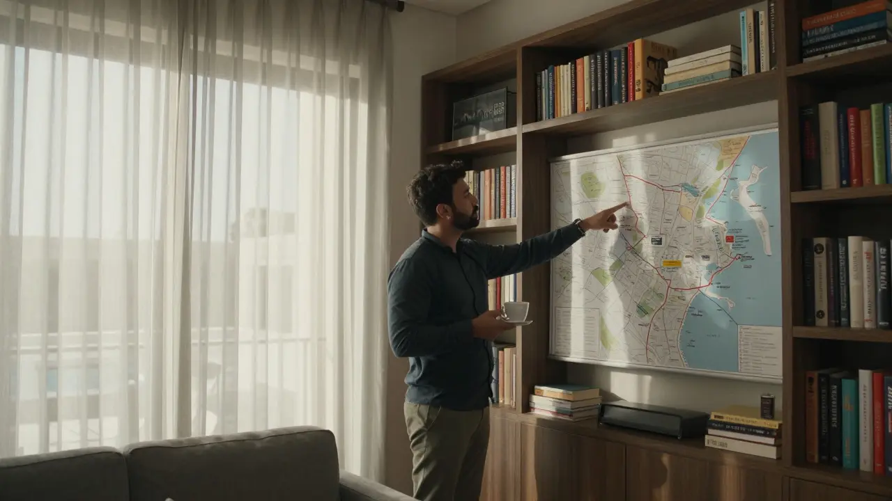 A companion showing a traveler local attractions from a map in a cultured villa setting.