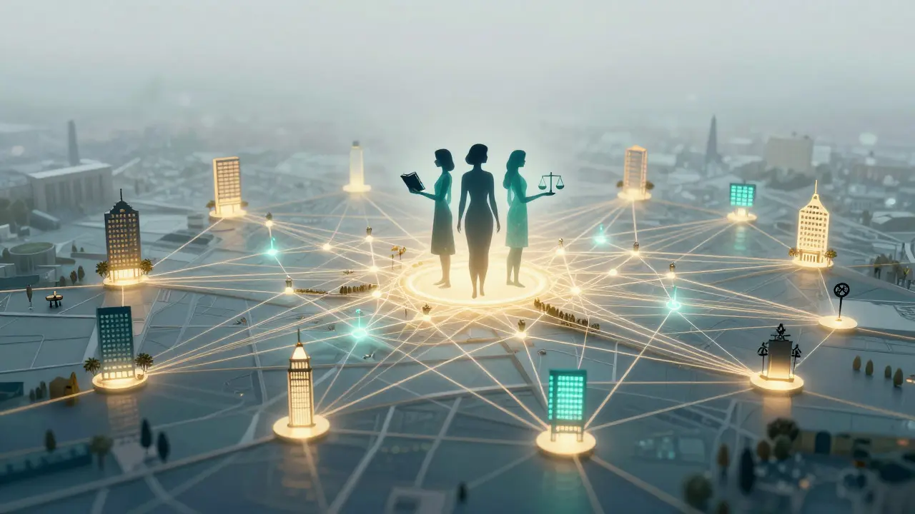 A conceptual map of Berlin with glowing threads connecting locations, symbolizing trusted client-escort relationships.