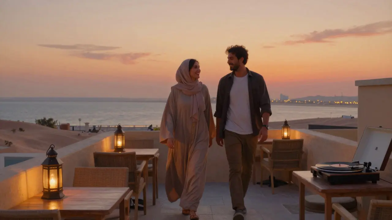 A couple enjoying sunset drinks on a rooftop café in Abu Dhabi with desert views.
