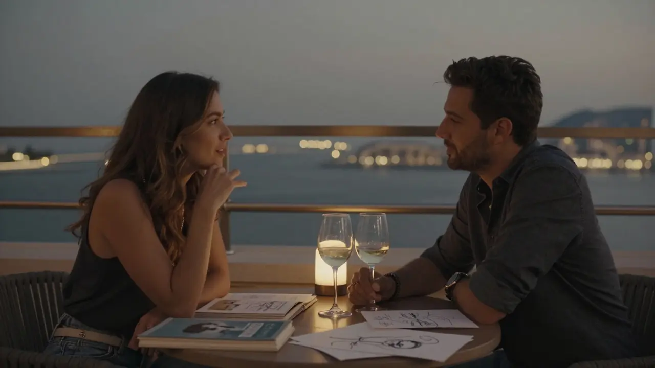 A couple shares a quiet, thoughtful conversation at a rooftop lounge in Abu Dhabi at dusk.