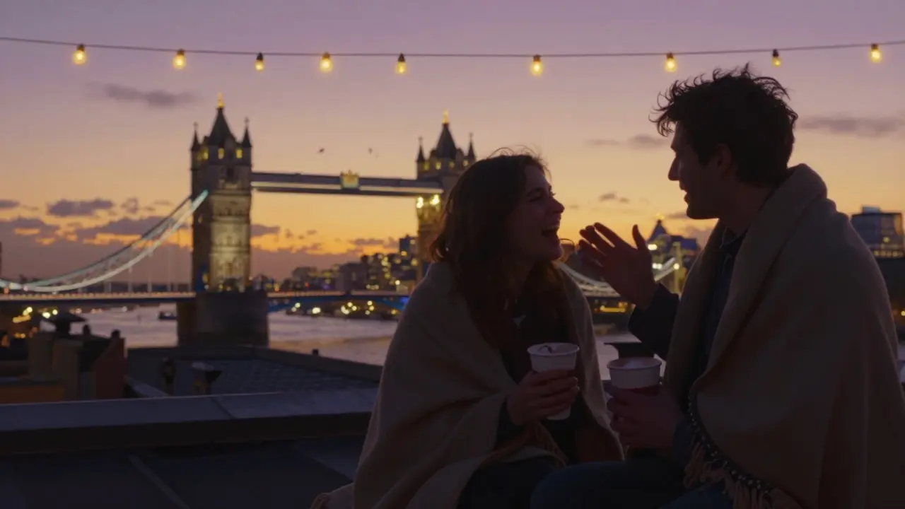 A couple wrapped in a blanket on a rooftop at sunset, enjoying hot chocolate with Tower Bridge in the distance.