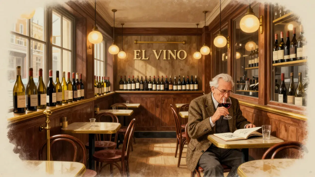 A cozy, wood-paneled wine bar with bottles behind the bar and patrons sipping quietly.