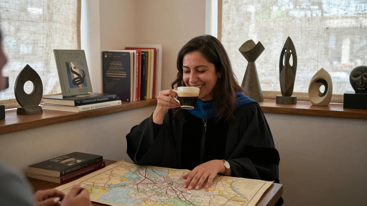 A cultured woman in an exclusive art club, laughing quietly amidst books and abstract sculptures.