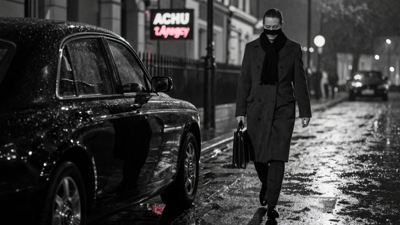 A discreet escort walks away from a car in rainy Mayfair, her presence quiet and dignified under city lights.