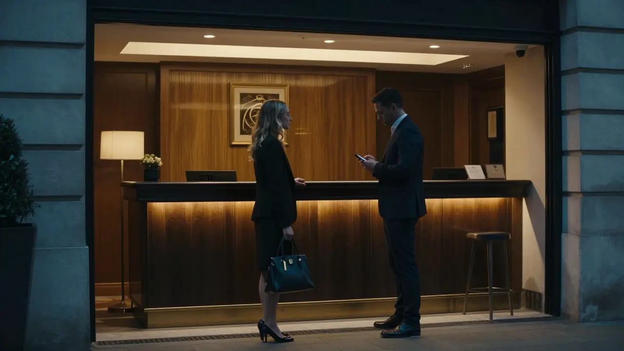 A first meeting in a secure London hotel lobby, with both parties maintaining respectful distance.