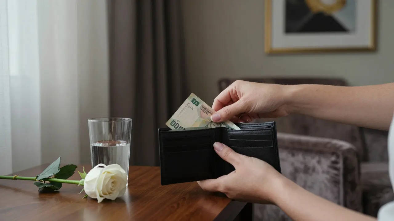 A folded banknote is placed gently into a wallet beside a glass of water and a rose, symbolizing respectful transaction.